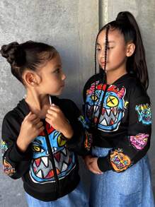 SHEIN Explorewe Mother-Daughter Matching Girls Casual Funny Cartoon Monster Pattern American Street Hip Hop Hooded Zipper Short Sweatshirt - Black - View 3