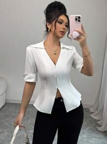 Elenzga 时尚 V 领短袖修身衬衫