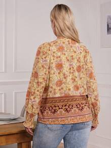 SHEIN LUNE Blusa Casual de Manga Longa com Gola de Laço e Estampa Floral, Plus Size, Verão para Mulheres - Damasco - Visão 2