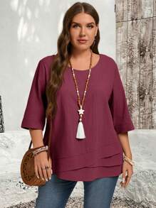 Rusticease Camisa asimétrica de talla grande color rojo rosa para ropa de otoño - Rosa Roja - Ver 8