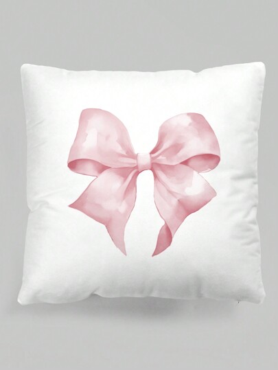 Kawaii 1pc Pink Bow Pattern Pillow Cover, Plush Printed Square Pillow Case For Living Room, Bedroom, Home Decor, Sofa/Car Lumbar Cushion, Suitable For All Seasons