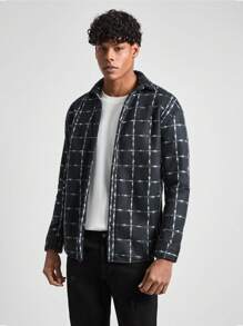 RueChic Men Contrast Plaid Printed Soft Fabric Regular Jacket - Black and White - View 1