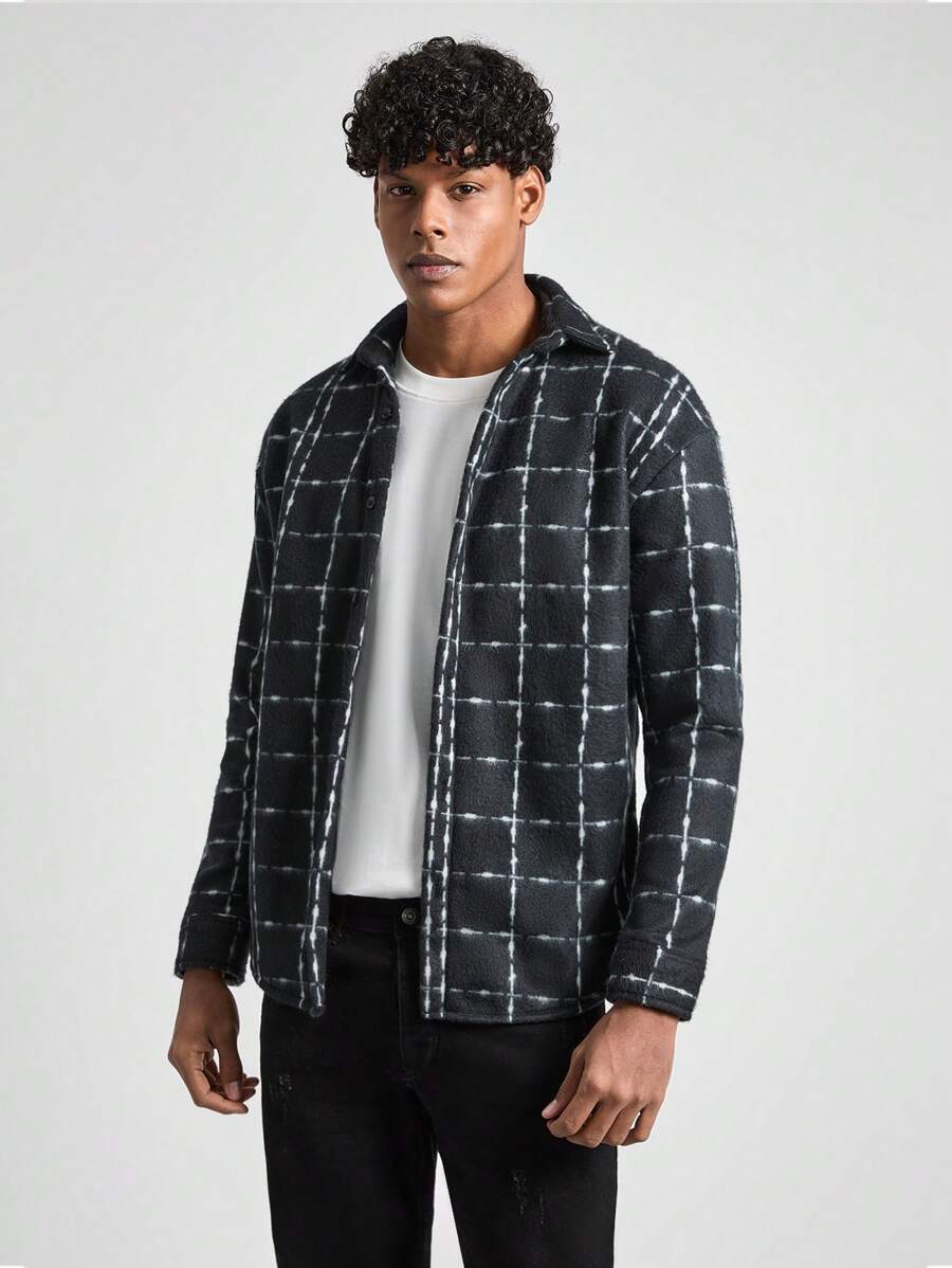 RueChic Men Contrast Plaid Printed Soft Fabric Regular Jacket - Black and White - View 1
