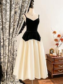 Vintamour Váy dự tiệc chữ A xếp nếp bằng vải nhung và satin màu tương phản cổ điển cho nữ Váy dự tiệc trang trọng Quần áo Giáng sinh Ngày lễ tình nhân Ngày lễ tình nhân Váy dự tiệc ngày lễ tình nhân - Nhiều màu - Xem 1