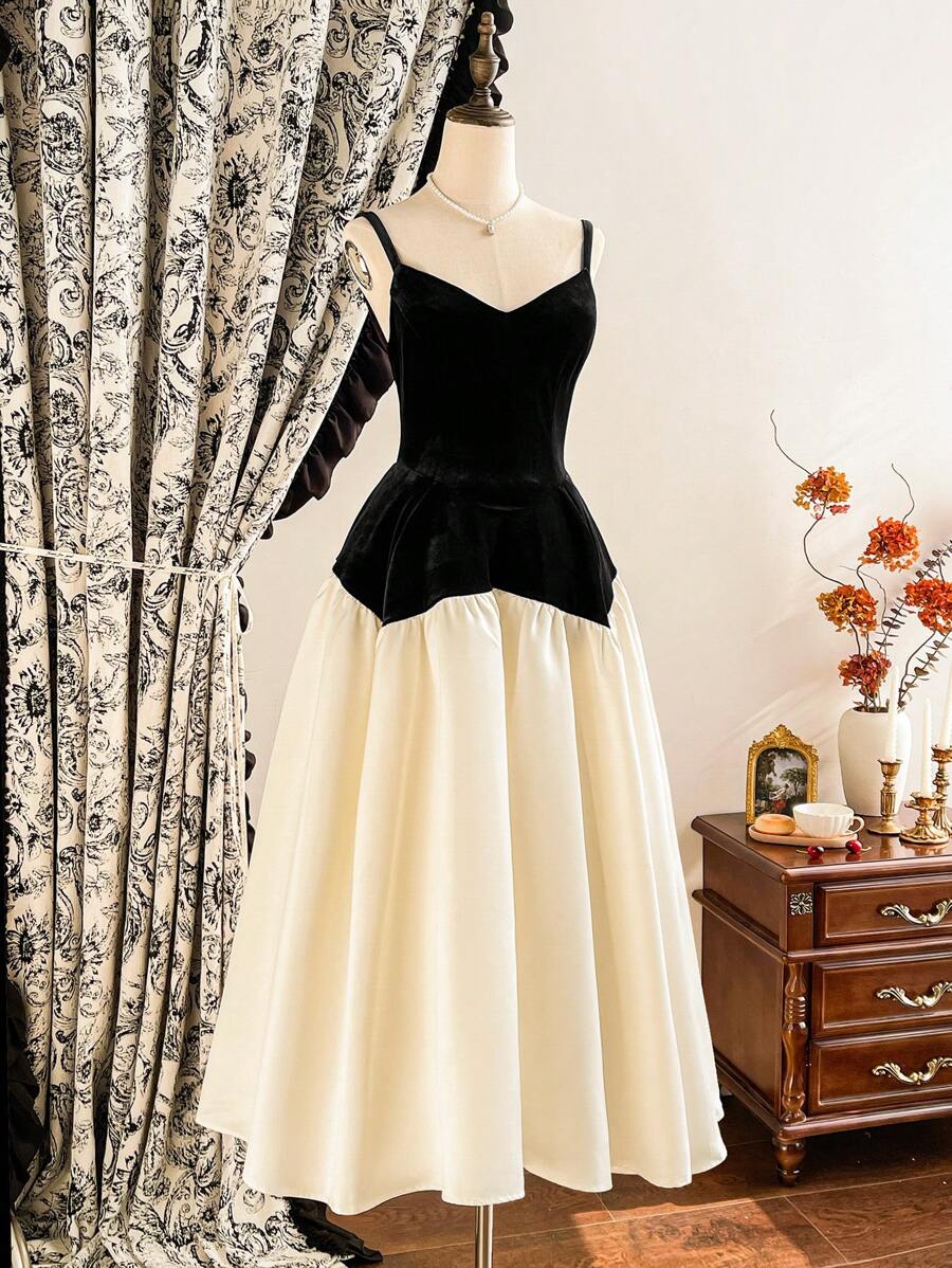 Vintamour Váy dự tiệc chữ A xếp nếp bằng vải nhung và satin màu tương phản cổ điển cho nữ Váy dự tiệc trang trọng Quần áo Giáng sinh Ngày lễ tình nhân Ngày lễ tình nhân Váy dự tiệc ngày lễ tình nhân - Nhiều màu - Xem 1