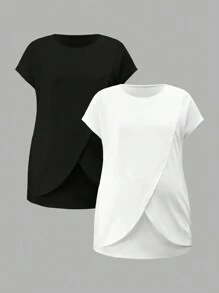 Modmama Maternity Solid Color Round Neck Short Sleeve Nursing Top - Black and White - View 4