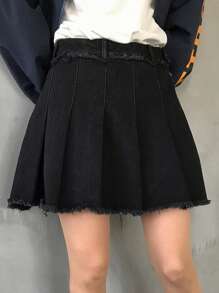 FRIFUL Falda vaquera plisada de unicolor, estilo casual de calle para mujer, falda de jeans de verano - Azul - Ver 2