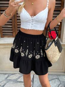 Chiquease Solid Color High Waist A-Line Embroidery Mini Skirt