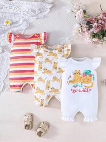 SHEIN 3 件套女婴可爱动物条纹印花连帽袖连体衣，舒适休闲户外夏季服装 - 彩色 - 查看 1
