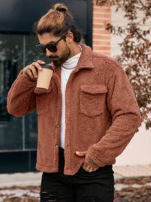 Manfinity CasualCool Men's Solid Color Long Sleeve Cargo Casual Polar Fleece Jacket, Autumn Winter,Men's Solid Color Long Sleeve Jacket, Men Warm Jacket,Winter Men Jacket,Coral Fleece Jacket