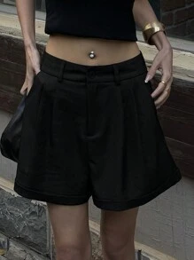 DAZY Women's Solid Color Front Button Pleated Casual Suit Wide Leg Shorts - Black - View 4