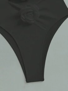 SHEIN Swim 1pc Women's Solid Color Halter Neck Backless Casual Outfit With 3D Flower Decor Summer - Black - View 3