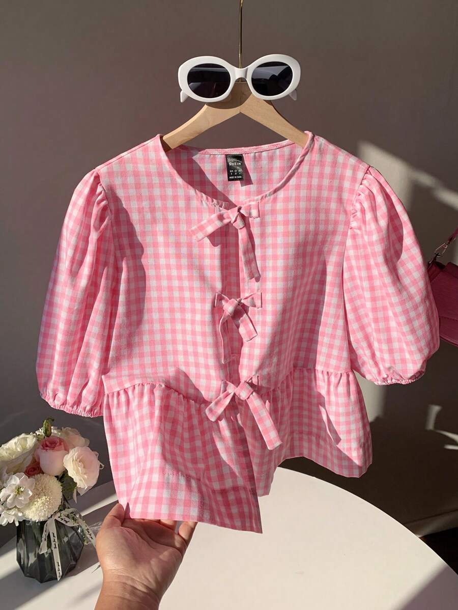 Comfortcana Camisa casual de mujer a cuadros rosa de tejido, minimalista y de moda para uso diario - Rosa - Ver 1