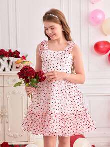 Tween Girl 心形网眼印花扭纹吊带吊带连衣裙 - 彩色 - 查看 4