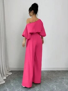 Firerie 2pcs/Set Women's Solid Color Asymmetric Neck Lantern Sleeve Top And Wide Leg Pants - Hot Pink - View 2