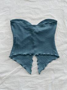 Soleia 女士芥末色针织纹理扭纹前开衩下摆短款上衣，适合下午茶时间、街头、度假、秋冬分层搭配和派对 - 藍色 - 查看 2