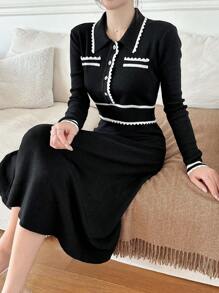 DAZY Women's Colorblock Button Half Placket Long Sleeve Elegant Commute Sweater Dress,Fall Women Clothes - Black and White - View 3