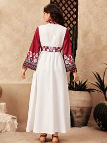 SHEIN Teen Girls' Red & White Contrast Splice Palace Floral Retro Print Flare Sleeve A-Line Long Dress - Red and White - View 2