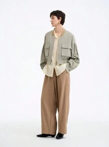 SHEIN LUNE 女式休闲短款大口袋工装夹克 - 灰色 - 查看 3