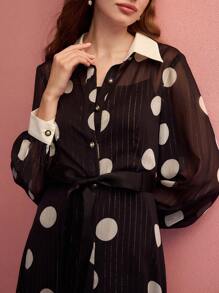 MOTF PREMIUM Váy chấm bi trong suốt có thắt lưng - Đen và trắng - Xem 2