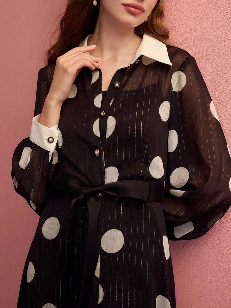 SHEER POLKA DOT BELTED DRESS