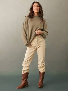 WESTFADE Western Faux Pearl Embellished Crewneck Relaxed Fit Long Sleeve Sweater, Fall, Autumn, Casual, Back To School, Female Country Look, Winter Clothes - Apricot - View 2