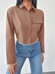 EURMUSE 女士长袖仿口袋珍珠细节衬衫 - 米色 - 查看 4