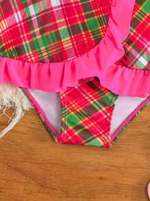 SHEIN 年轻女孩细肩带字母印花简约比基尼上衣和下装泳衣套装 - 西瓜粉 - 查看 5