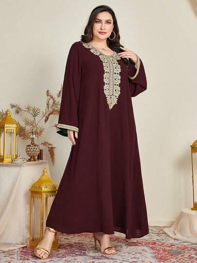 Al Najma 女式圆领喇叭袖重磅刺绣纹理宽松优雅大码连衣裙，阿拉伯风格，大码端庄全长连衣裙