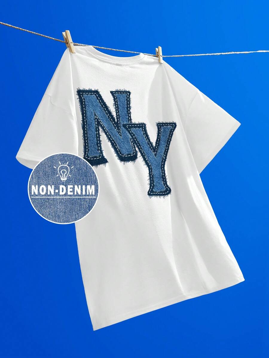 SHEIN EZwear 大码印花图案圆领短袖宽松 T 恤，适合夏季 - 白色 - 查看 1