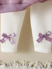 SHEIN Vintaside Kids 2 件套女宝宝休闲百搭舒适可爱针织面料蝴蝶结圆领宽松套头衫和修身裤两件套，适合室内或室外，性价比高 - 彩色 - 查看 6