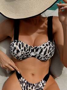 SHEIN Swim Summer 2pcs Women's Sexy Leopard Print Patchwork Black Halter Straps And High Cut Bikini Set - Multicolor - View 4