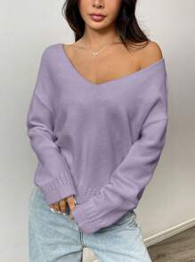 Flirla 女士休闲纯色落肩宽松针织套头毛衣，秋冬针织套头衫 - 紫色 - 查看 5