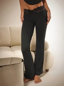 Athîral Pantalon élégant pour femme de couleur unie avec patchwork en dentelle