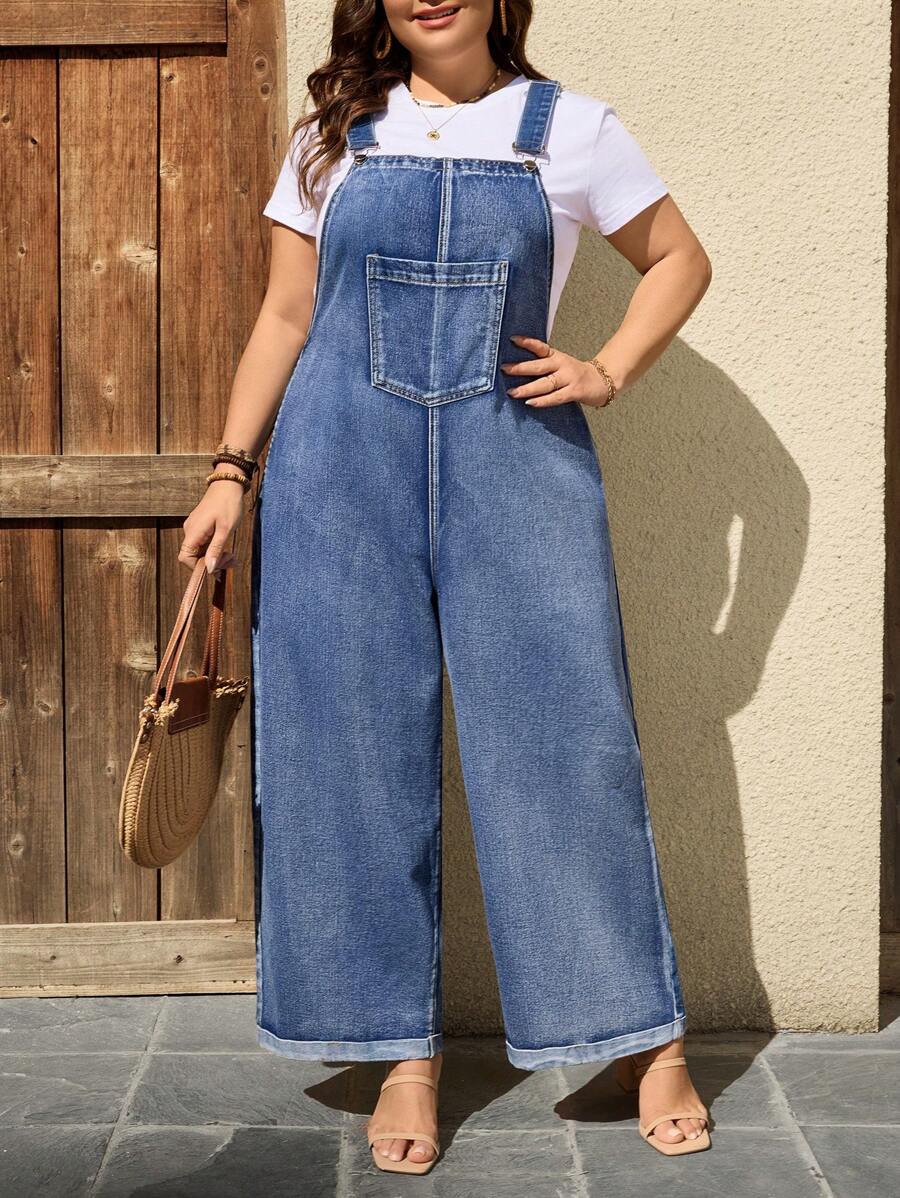 EMERY ROSE Plus Size Casual Washed Loose Denim Bib Overalls - Light Wash - View 1