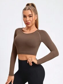 Easithlete Women's Solid Color Round Neck Long Sleeve Slim-Fit Short Dress - Brown - View 3