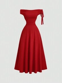 Sweetra Đêm hẹn hò ngày lễ tình nhân tiệc lãng mạn buộc dây trễ vai váy dài màu đỏ - Đỏ - Xem 1