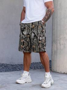 Manfinity LEGND Men's Branch Print Drawstring Waist Loose Denim Shorts