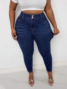 SHEIN Lady Plus High Waist Cat Whisker Jeans - Dark Wash - View 1