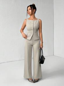 SHEIN PETITE Vestă și pantaloni cu un singur piept de culoare solidă pentru femei Costum de navetă elegant, vară, toamnă, haine pentru femei, set pentru femei, îmbrăcăminte pentru birou, pentru afaceri, casual, pentru femei, ținute în două piese, pentru toamnă, pentru femei, pentru birou, pentru femei, pentru femei, set de blazere - Kaki - Vizualizare 7