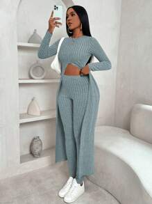 VaVaBold 2 pièces/set T-shirt à fente maxi côtelé en molleton et pantalon, vêtements d'hiver, ensembles de pulls, manches longues, ajusté, cratères en molleton, tenue de randonnée, hauts d'hiver, leggings d'hiver, ensemble pour femmes, dame élégante, hauts d'automne, vêtements d'hiver, gardez au chaud, manches longues