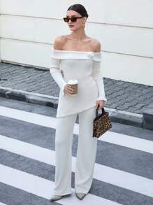 EURMUSE Vrouwen S Trendy Ruffle Collar 3d Flower Off-Shoulder Getailleerde Gebreide Trui Top En Trui Broek 2 stuks 2 Tweedelige Set Co-Ords