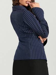 Zolique 日常装大V领收腰显瘦喇叭袖扣老款条纹秋冬长袖商务休闲女衬衫 - 藍白色 - 查看 2