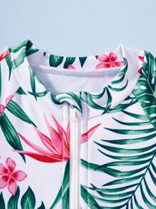 SHEIN Baby Girls Tropical Plant Print Long Sleeve Romper With Hat Swimsuit Set, Summer Resort