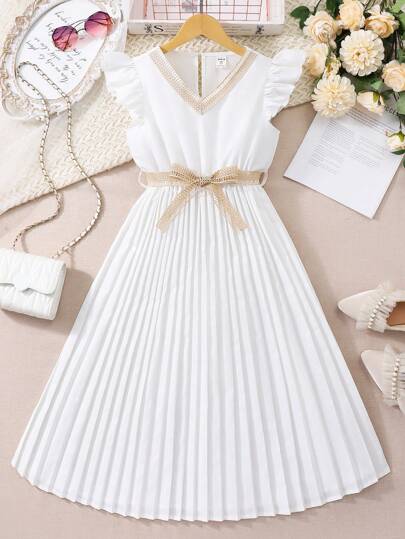 Tween Girl Ruffled Sleeve White Pleat Dress With Floral Collar, Everyday Summer Wear,Holiday,Summer,Travel