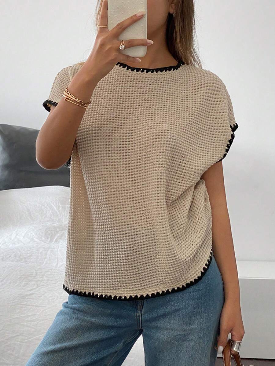 Siren Gaze Women's Apricot Clash Black Crocheted Textured Sleeveless Round Neck Loose T-Shirt Summer T-Shirt Top Summer Summer Tops  Casual Everyday Wear   Summer Outfits For Women  Summer Tops  Going Out Tops Women  Tube Top