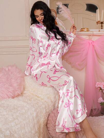 SweetSlumber طقم بيجامات جميل بفيونكة، ملابس خريفية وشتوية مريحة وأنيقة التفاصيل