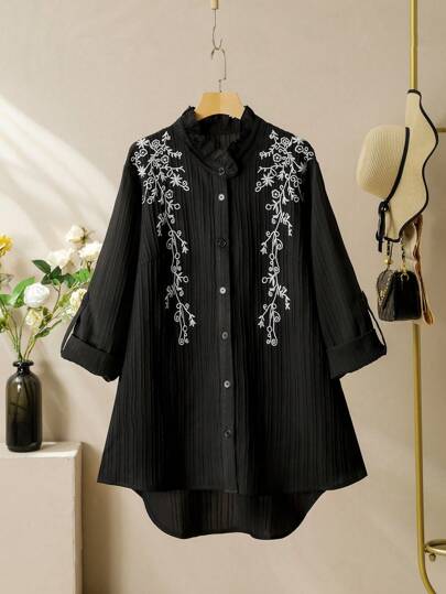 Lacomfia Plus Size Women's Embroidered Long Sleeve Loose Casual Blouse With Peter Pan Collar Fall Cloth For Women