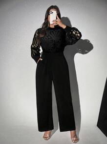 SHEIN Unity Plus Size Women Elegant Commuting Solid Color Lace Patchwork Jumpsuit - Black - View 5