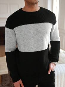 Manfinity CityGents Jersey de cuello redondo de manga larga con bloques de color casual para hombre, otoño/invierno